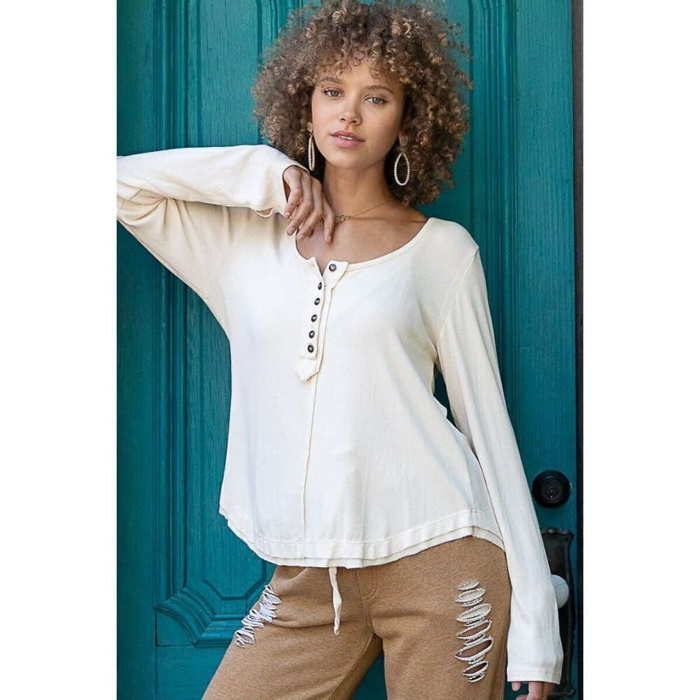 POL Clothing Double Layered Hem Henley Top Buttermilk Fall Winter Women SMT2014